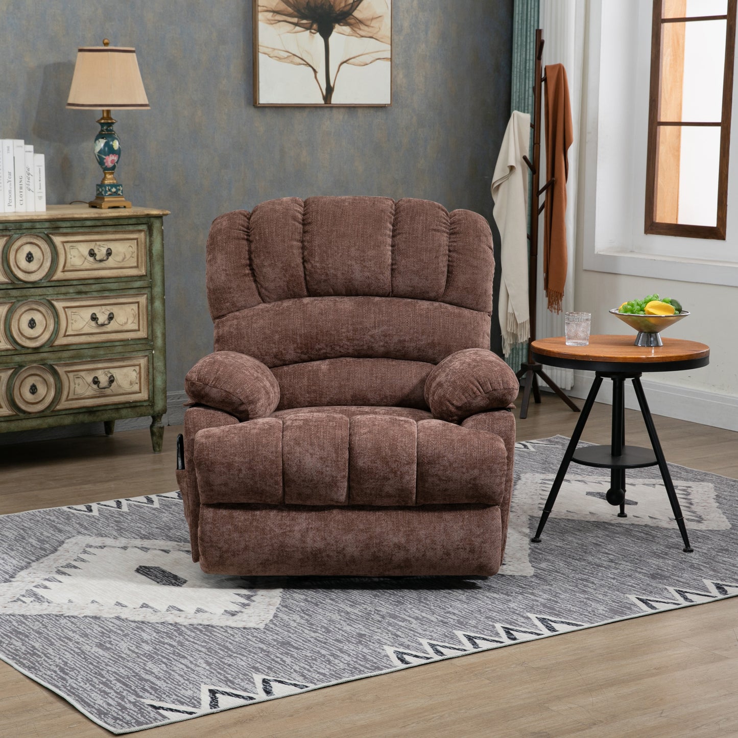 23" Seat Width and High Back Large Size Chenille Power Lift Recliner Chair with 8-Point Vibration Massage and Lumbar Heating, Brown