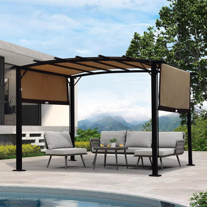 12 x 9 Ft Outdoor Pergola Patio Gazebo,Retractable Shade Canopy,Steel Frame Grape Gazebo,Sunshelter Pergola for Gardens,Terraces,Backyard-Beige