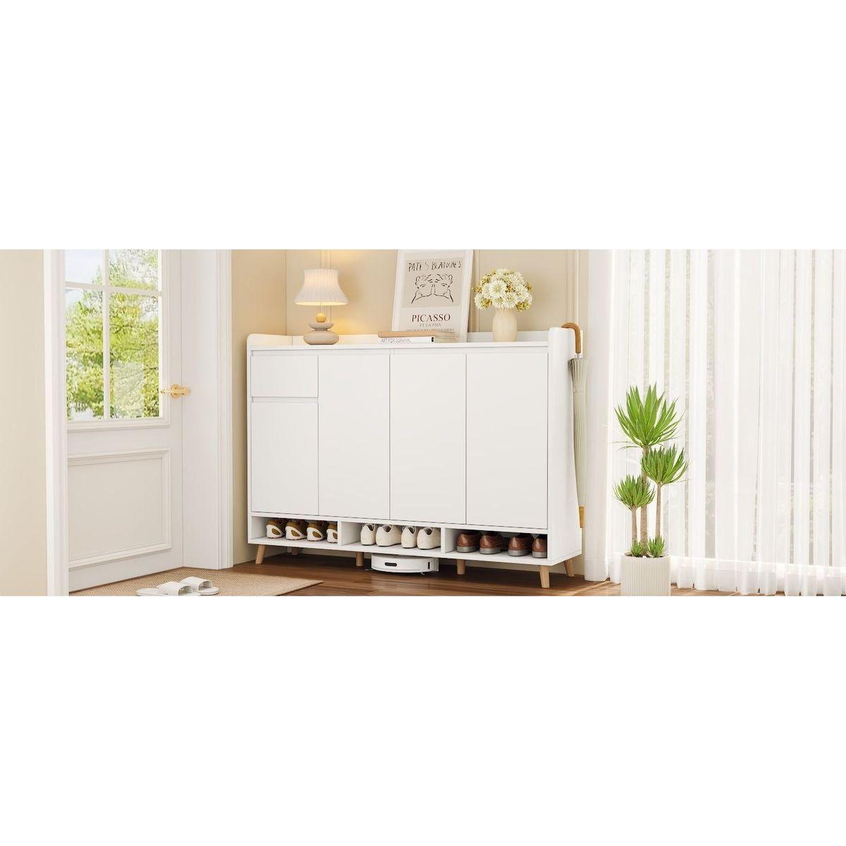Sleek and Contemporary Shoe Cabinet with Adjustable Shelves, Minimalist Home Organizer with Solid Wood Legs, Storage Sideboard for Entryway, Living Room, White