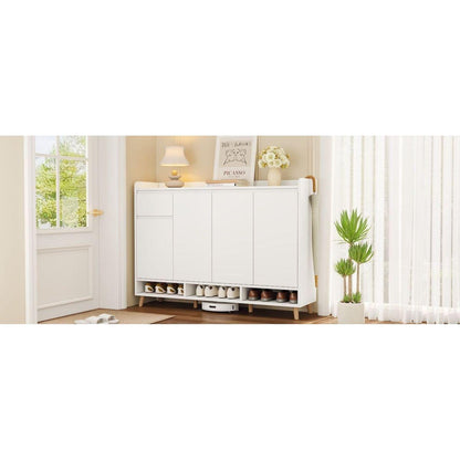 Sleek and Contemporary Shoe Cabinet with Adjustable Shelves, Minimalist Home Organizer with Solid Wood Legs, Storage Sideboard for Entryway, Living Room, White
