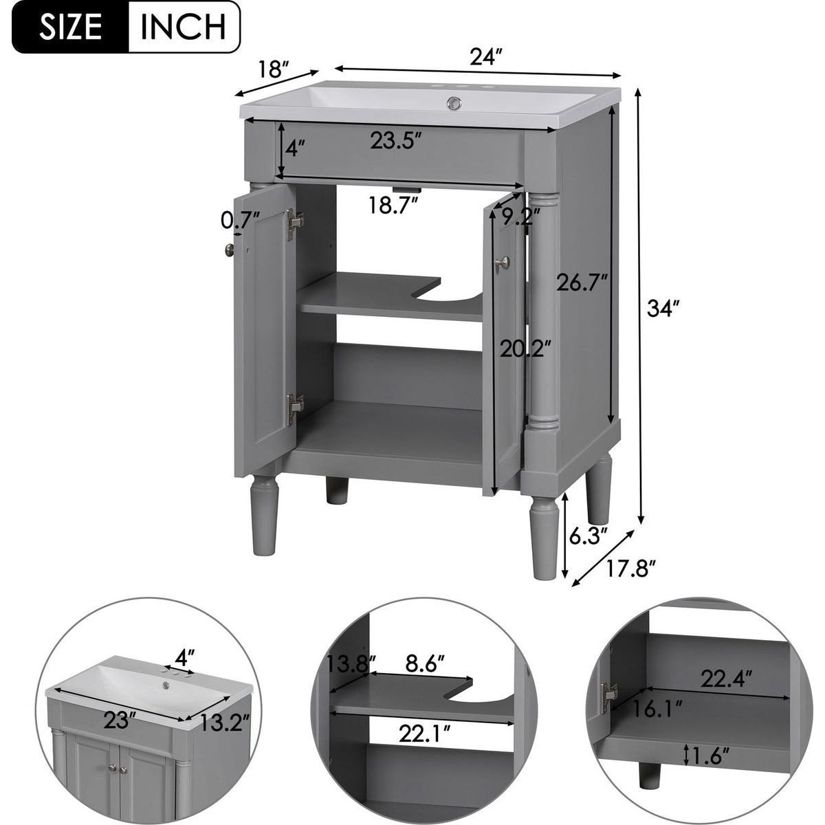 24" Bathroom Vanity with Top Sink, 2-Tier Modern Bathroom Storage Cabinet, Single Sink Bathroom Vanity, Large Storage Shelves