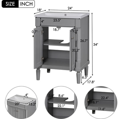 24" Bathroom Vanity with Top Sink, 2-Tier Modern Bathroom Storage Cabinet, Single Sink Bathroom Vanity, Large Storage Shelves