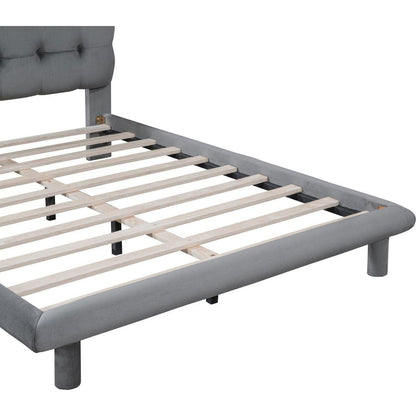 Full Size Velvet Platform Bed with LED Frame, Thick & Soft Fabric and Button-tufted Design Headboard, Gray