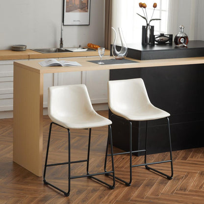 (Set of 2) Vintage Style 24-Inch Armless Industrial Faux Leather Counter Stool with Metal Legs and Footrest for Kitchen Island, Cafe, Pub, Bar Counter, Cream and Black