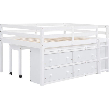 Full Size Loft Bed with Retractable Writing Desk and 4 Drawers, Wooden Loft Bed with Lateral Portable Desk and Shelves, White
