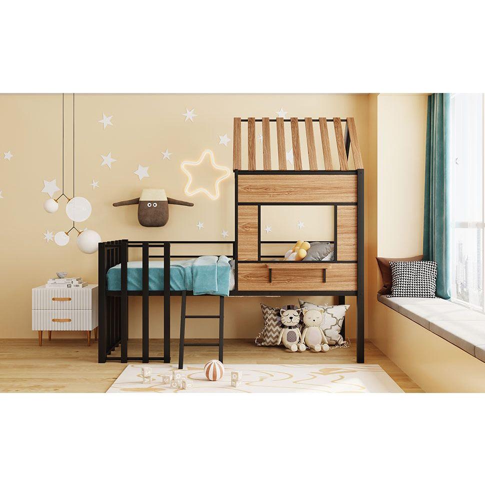 Metal Twin size Loft Bed with Roof, Window, Guardrail, Ladder Black