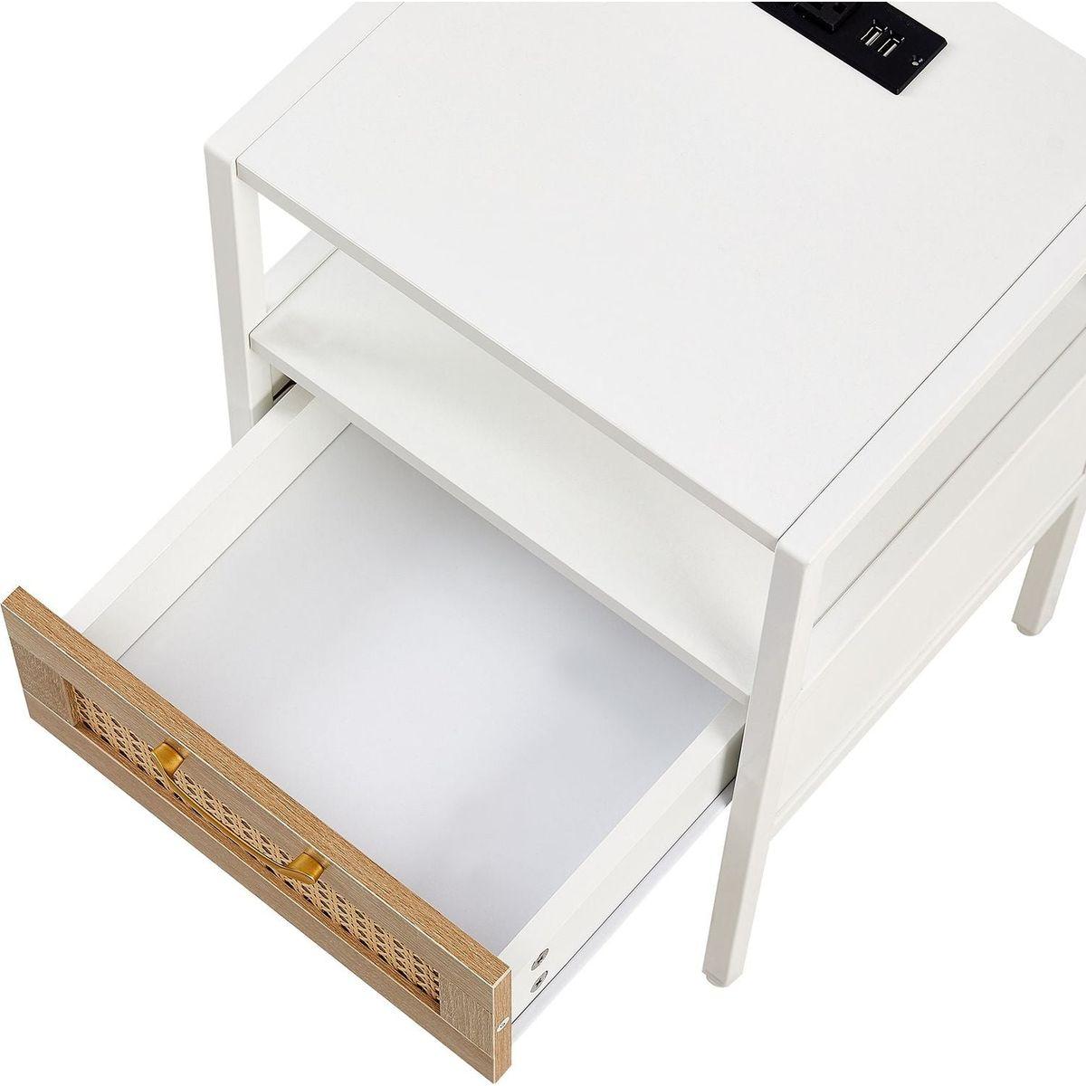 Set of 2, 15.75" Rattan End table with Power Outlet & USB Ports, Modern nightstand with drawer and metal legs, side table for living room, bedroom,white