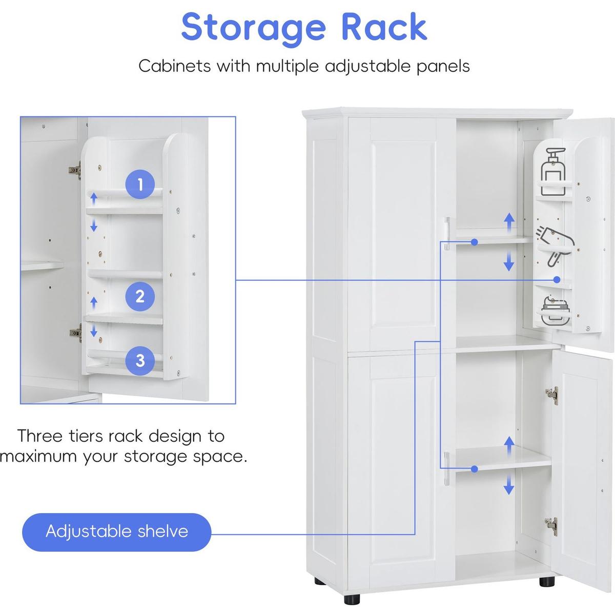 Tall and Wide Bathroom Floor Storage Cabinet, Bathroom Storage Unit, Freestanding Cabinet with 4 Doors, Adjustable Shelves, White