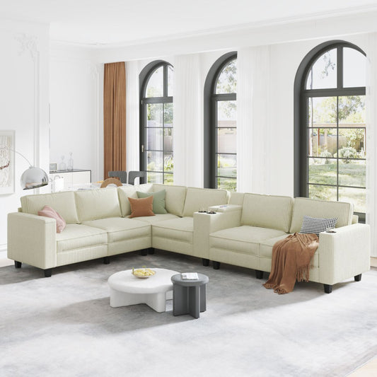 L-shaped 6-seater 133.4''*94.4'' corduroy sofa, large storage armrests with center console, USB charging, left and right seats can be switched, 3 packages of 130