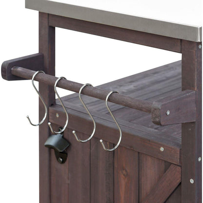 Outdoor Kitchen Island, Rolling Bar Cart & Storage Cabinet, Farmhouse Solid Wood Outdoor Grill Table with Stainless Steel Top, Spice Rack, Towel Rack for Kitchen & Barbecue, Dark Brown