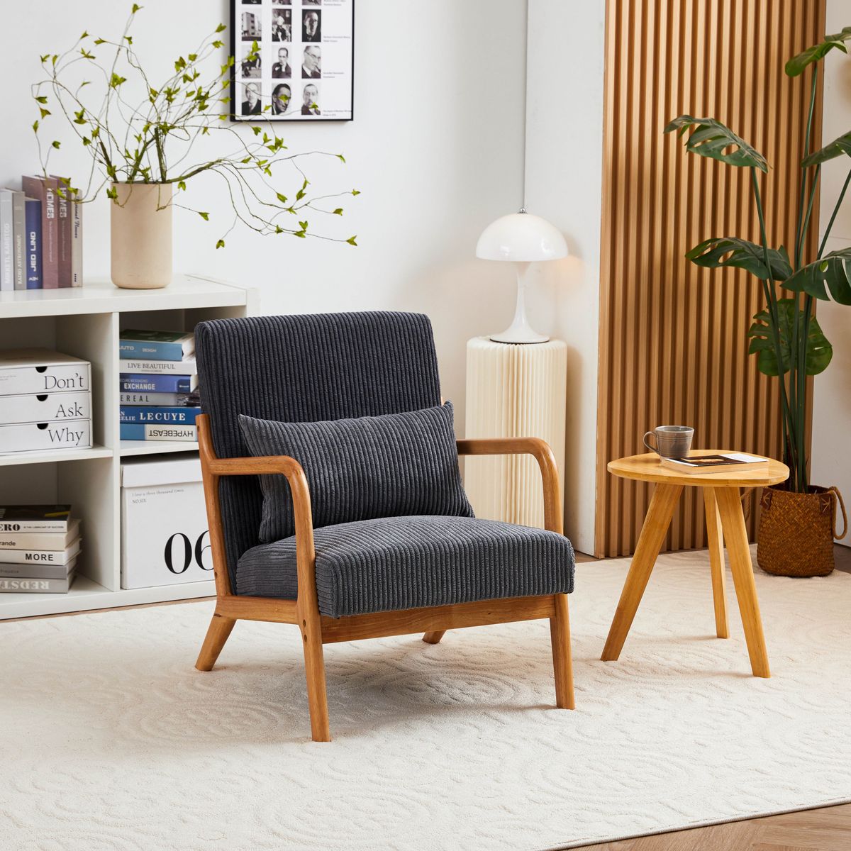 Mid-Century Modern Accent Chair, Arm Chair Living Room Chairs with Pillow Upholstered Reading Chair with Solid Wood Frame &  Living Room Bedroom Balcony (Antique Dark Grey)