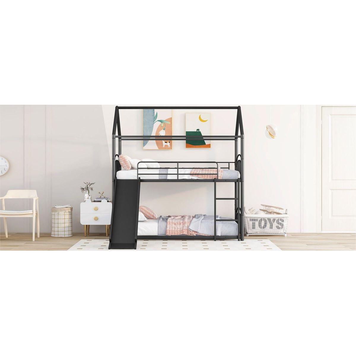 Twin Over Twin Metal Bunk Bed With Slide,Kids House Bed Black