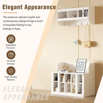 Shoe Storage Bench with Shelves and 4 Hooks, Elegant Hall Tree with Wall Mounted Coat Rack, Entryway Organizer For Hallway, Foyer, Mudroom, White