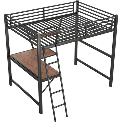 Full Size Loft Metal&MDF Bed with Desk and Shelf, Black