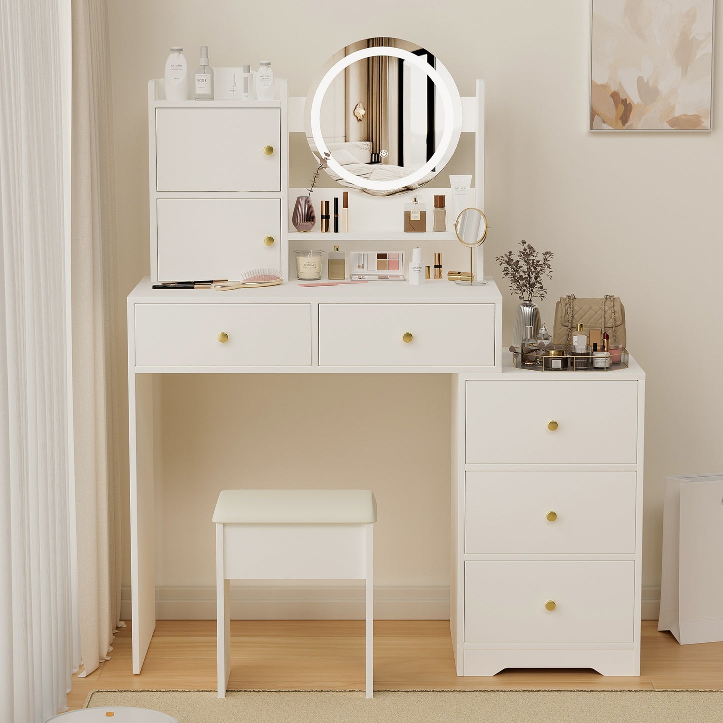 Fashion Vanity Desk with Mirror and Lights for Makeup and Cushioned Chair, Vanity Mirror with Lights and Table Set with 3 Color Lighting Brightness Adjustable,Dressing table, White Color