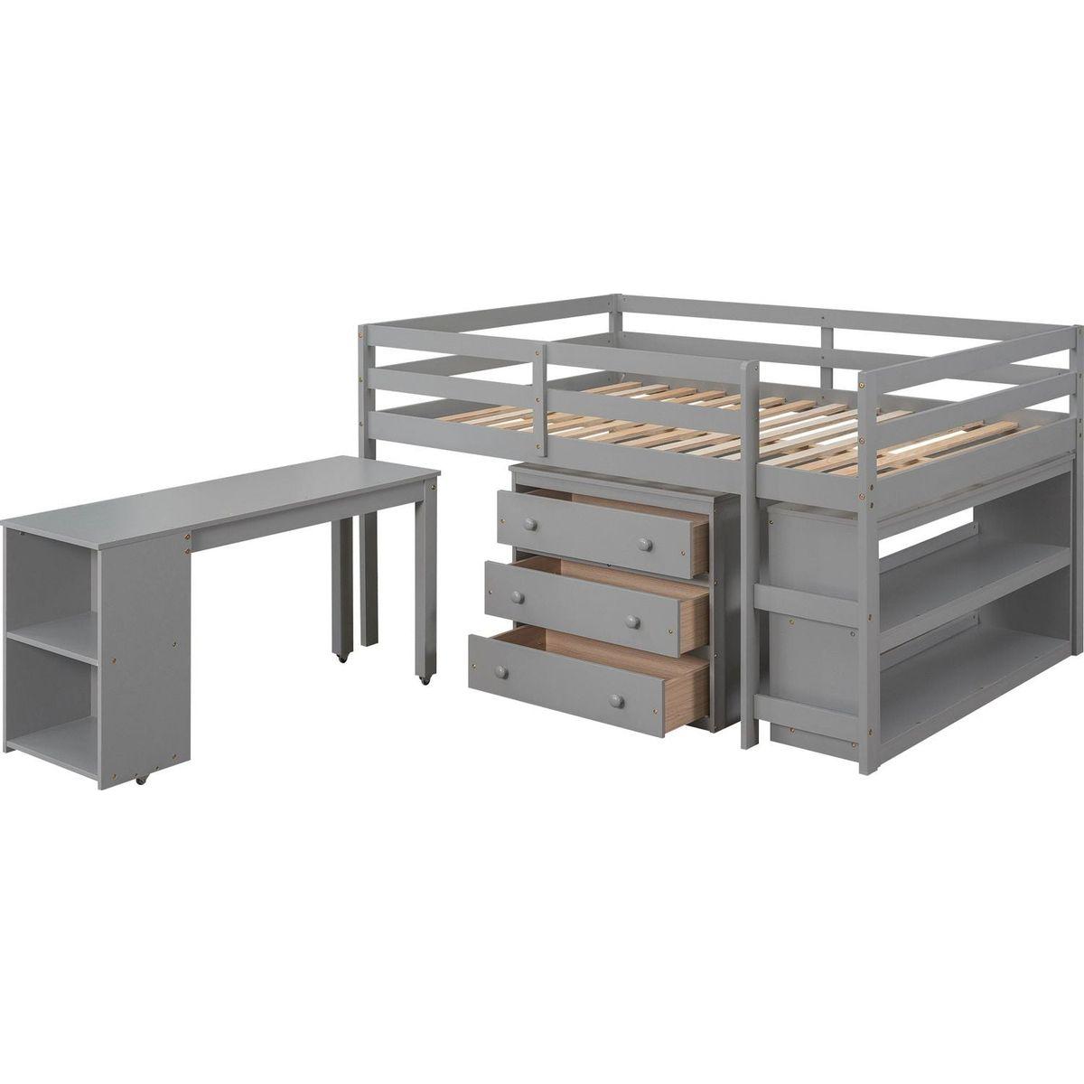 Low Study Full Loft Bed with Cabinet, Shelves and Rolling Portable Desk, Multiple Functions Bed- Gray