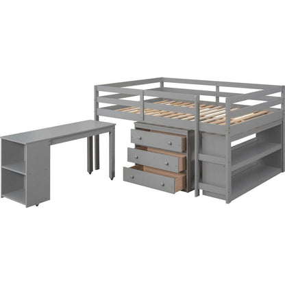 Low Study Full Loft Bed with Cabinet, Shelves and Rolling Portable Desk, Multiple Functions Bed- Gray