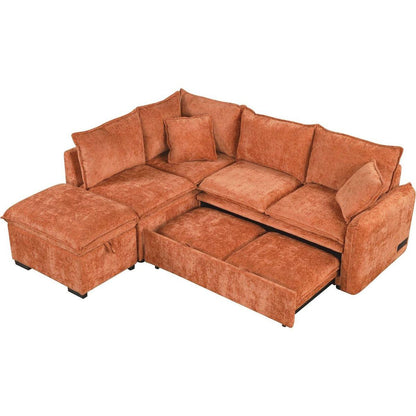82.67"Convertible Sofa Bed Sectional Sofa Sleeper L-shaped Sofa with a Storage Ottoman,Two Pillows, Two Power Sockets and Two USB Ports for Living Room, Orange