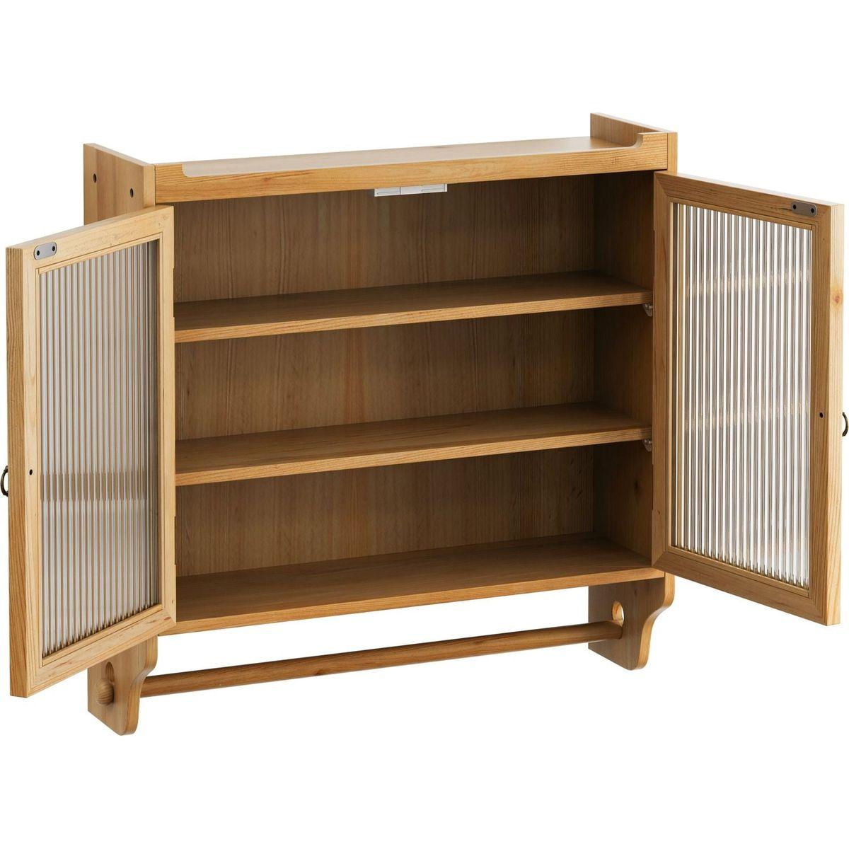 24.8"Glass Door Vintage Double Door Wall Cabinet With Three Tiers of Storage With Towel Rack,for Bathroom, Kitchen,,Dining Room,,Original Wood Color