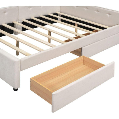 Full Size Upholstered Platform Bed with USB and 2 Drawers, Beige