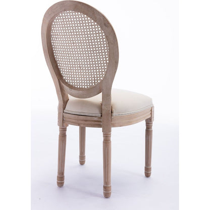 French Style Solid Wood Frame Antique Painting Linen Fabric Rattan Back Dining Chair,Set of 2,Cream