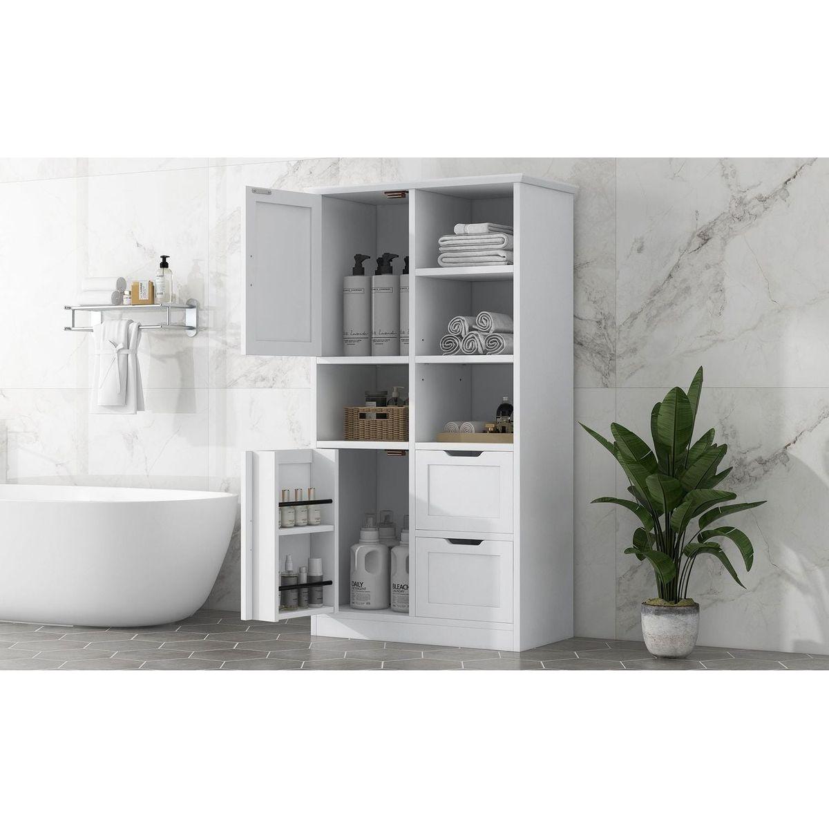 Bathroom Storage Cabinet with Doors and Drawers, Multiple Storage Space, Freestanding Style, Open Shelve, Adjustable Shelf, White