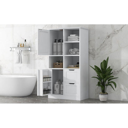Bathroom Storage Cabinet with Doors and Drawers, Multiple Storage Space, Freestanding Style, Open Shelve, Adjustable Shelf, White
