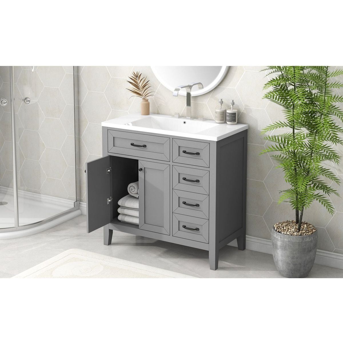 36" Bathroom Vanity with Sink Combo, Bathroom Cabinet with Drawers, Solid Frame and MDF Board, Grey