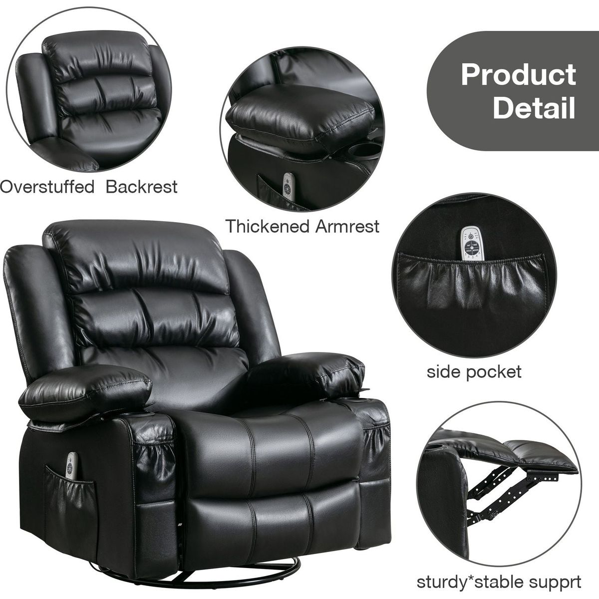 Massage Swivel Rocker Recliner Chair with Vibration Massage and Heat Ergonomic Lounge Chair for Living Room with Rocking Function and Side Pocket 2 Cup Holders USB Charge Port, black.