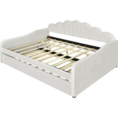 Full Size Upholstery Daybed Frame with Shall Shaped Backrest and Trundle,Beige