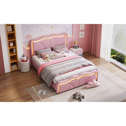 Full Size Upholstered Platform Bed with Curve Shaped and Height-adjustbale Headboard,LED Light Strips,Pink