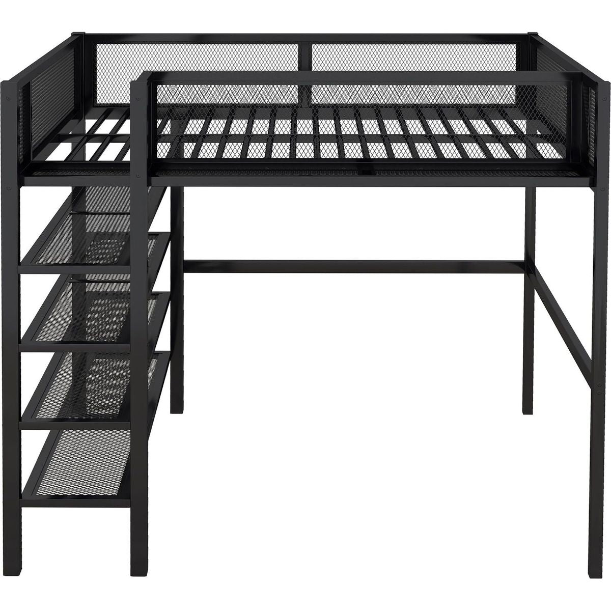 Full Size Metal Loft Bed with 4-Tier Shelves and Storage, Black