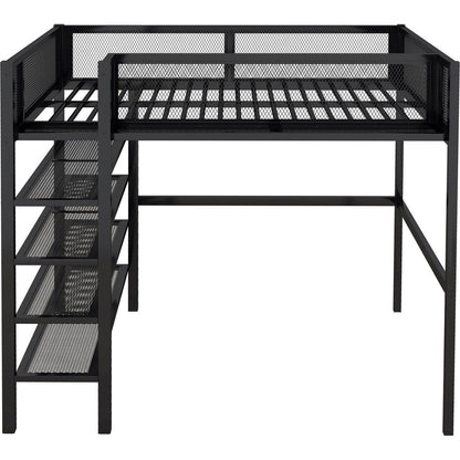 Full Size Metal Loft Bed with 4-Tier Shelves and Storage, Black