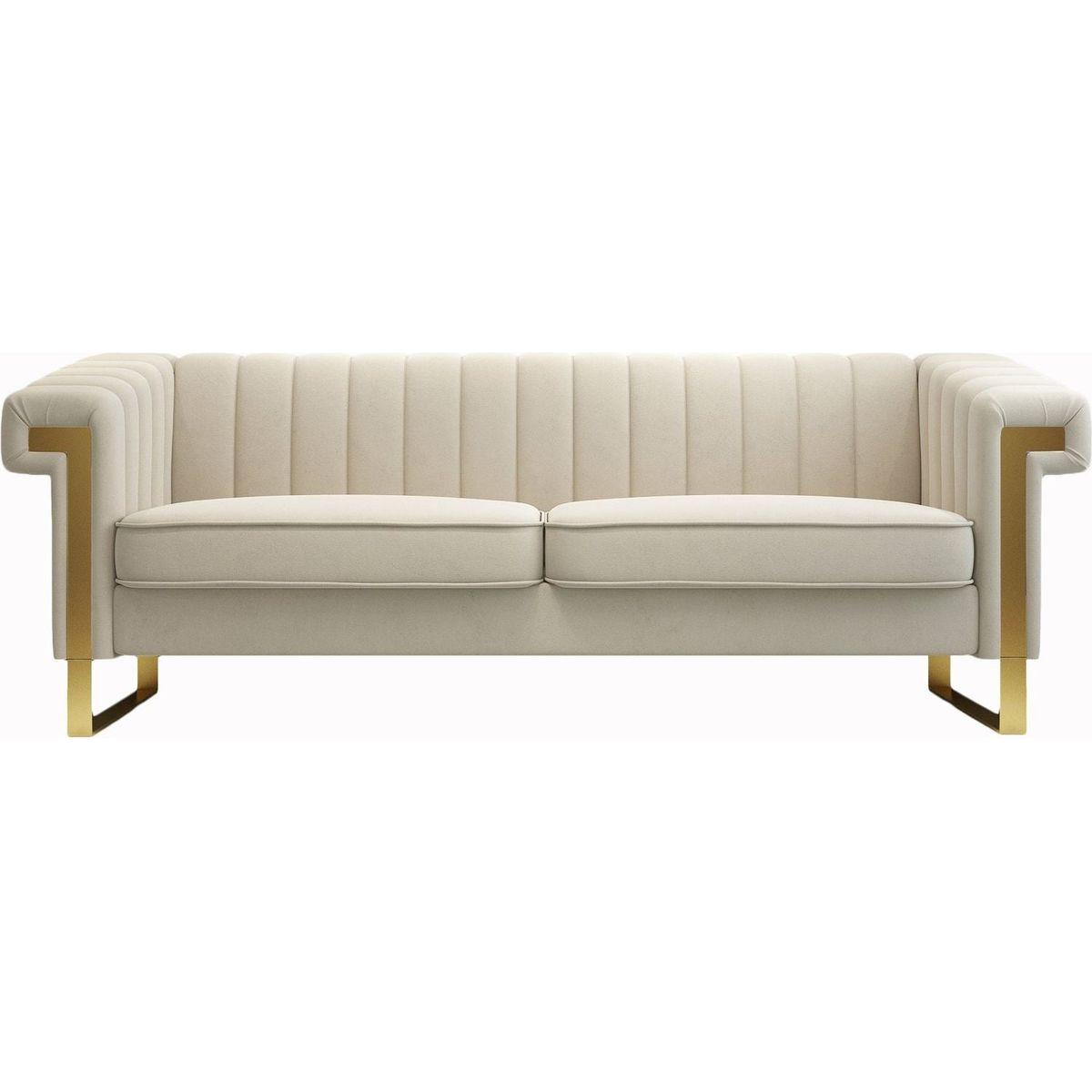 SOFA Modern Cream Velvet Sofa with Gold Accents - Sleek Channel-Tufted Upholstery, 3-Seat Couch for Living Room and Office Decor