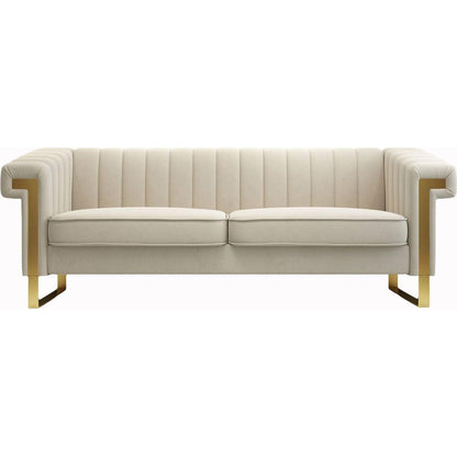 SOFA Modern Cream Velvet Sofa with Gold Accents - Sleek Channel-Tufted Upholstery, 3-Seat Couch for Living Room and Office Decor