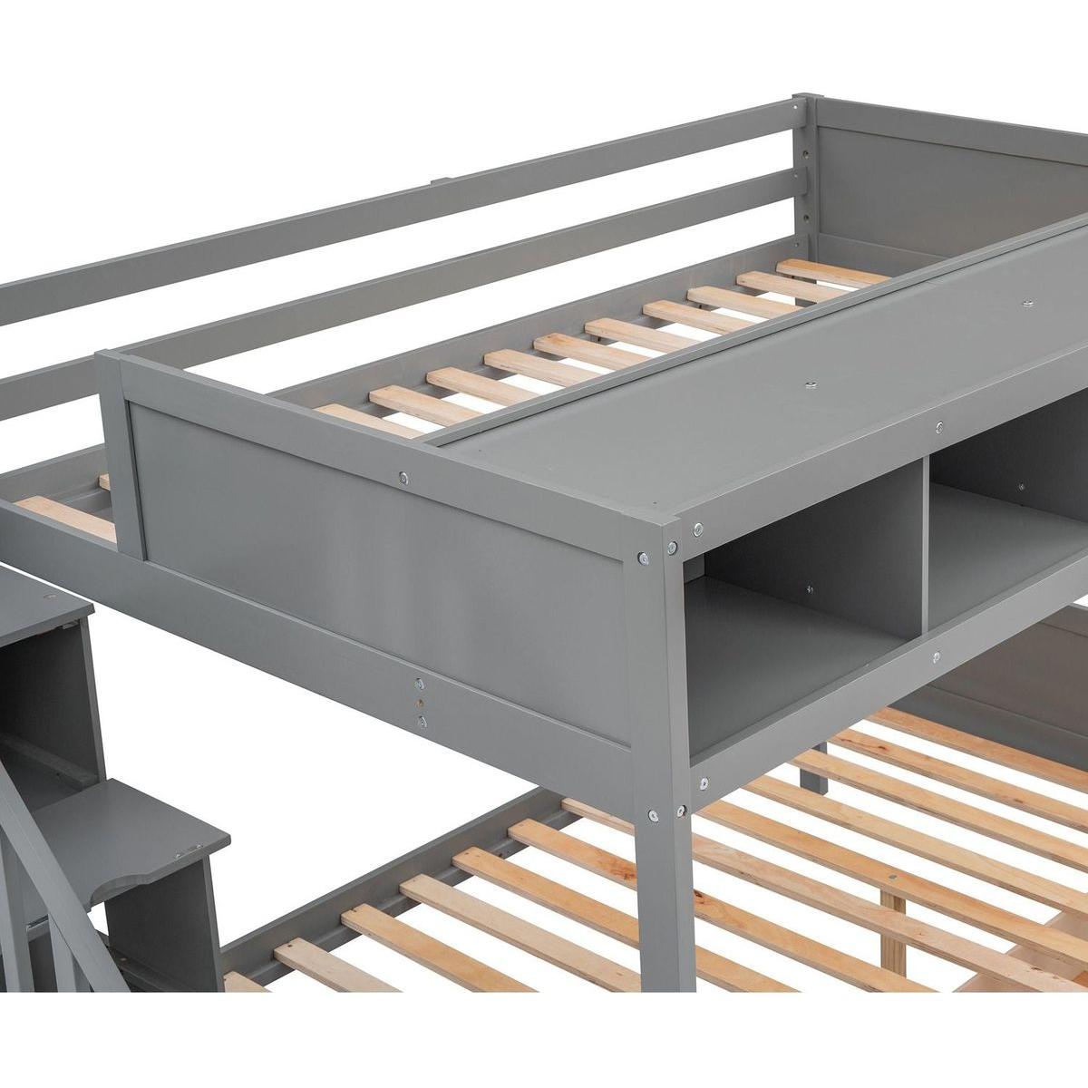 Twin over Full Bunk Bed with Shelfs, Storage Staircase and 2 Drawers, Gray