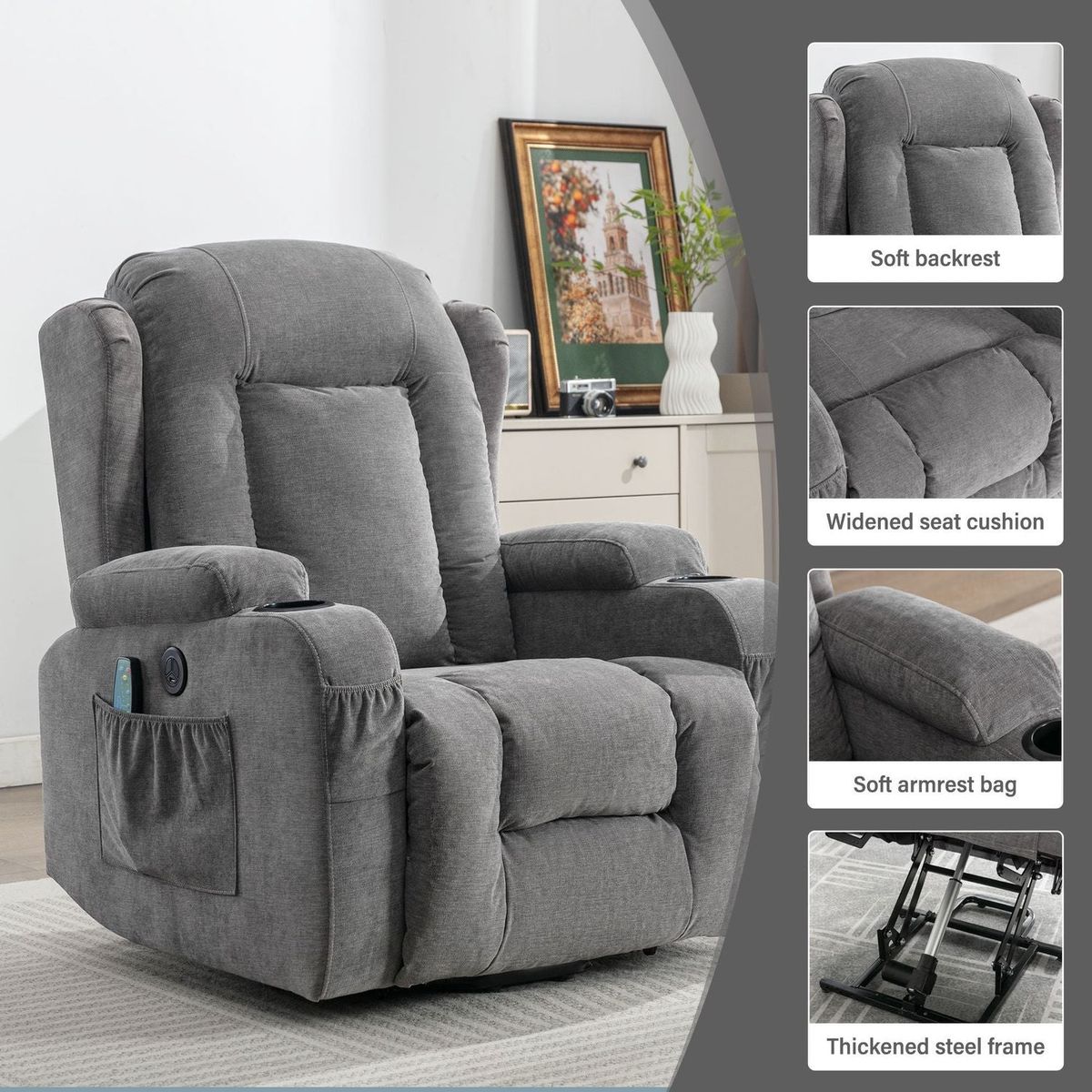 Power Lift Recliner Chair Recliners for Elderly with Heat and Massage Recliner Chair for Living Room with Infinite Position and Side Pocket,USB Charge Port(GREY)