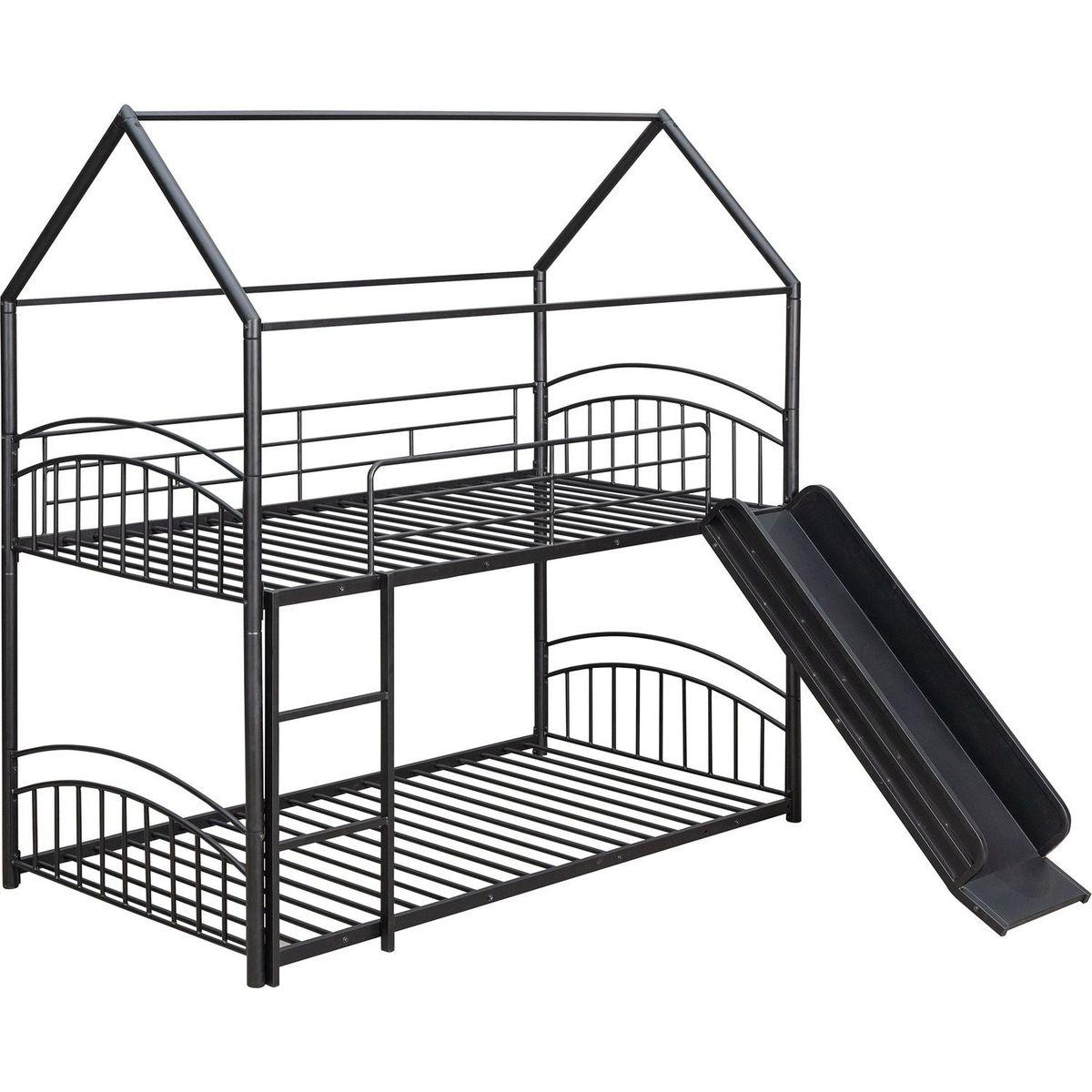 Twin Over Twin Metal Bunk Bed With Slide,Kids House Bed Black