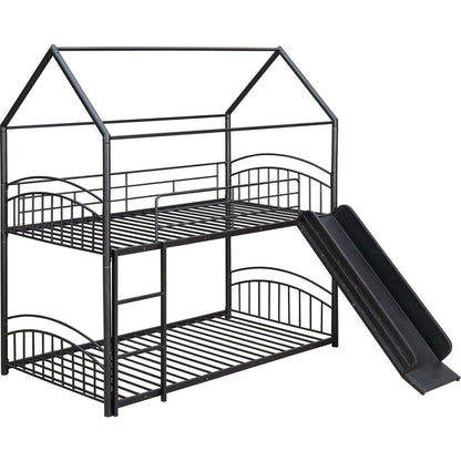 Twin Over Twin Metal Bunk Bed With Slide,Kids House Bed Black