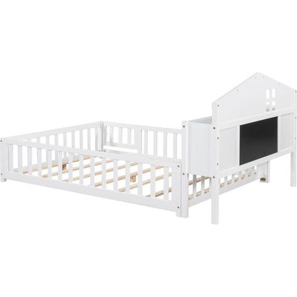 Full-size Floor Beds with Bookcases and Blackboards, Versatile Platform Beds with Guard rails, Solid Wood Floor Beds with Storage Headboards, Floor Beds for Kids and Teens White