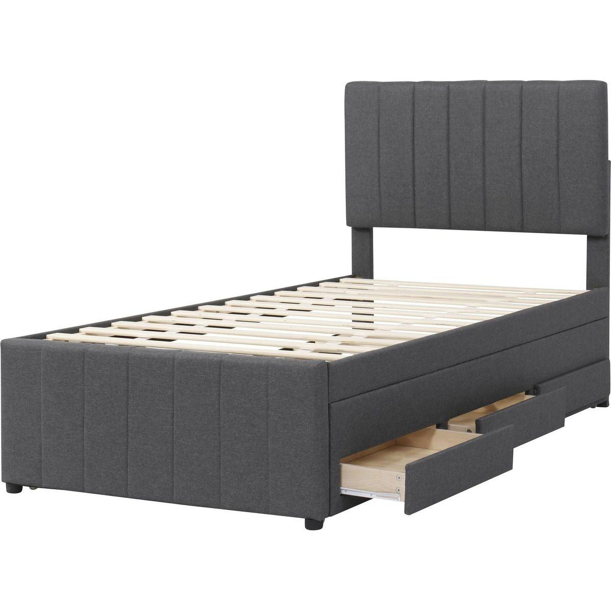 Twin Size Upholstered Platform Bed with Trundle and 3 Drawers, Linen Fabric, Gray