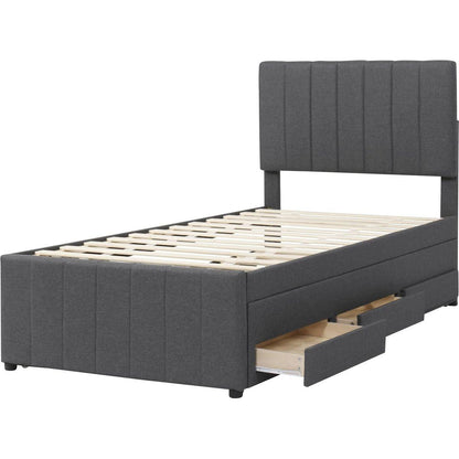 Twin Size Upholstered Platform Bed with Trundle and 3 Drawers, Linen Fabric, Gray