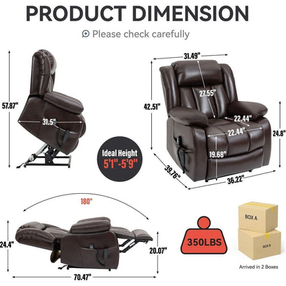 Dual Motor Infinite Position Up to 350 LBS Electric Medium size Brown Power Lift Recliner Chair with 8-Point Vibration Massage and Lumbar Heating