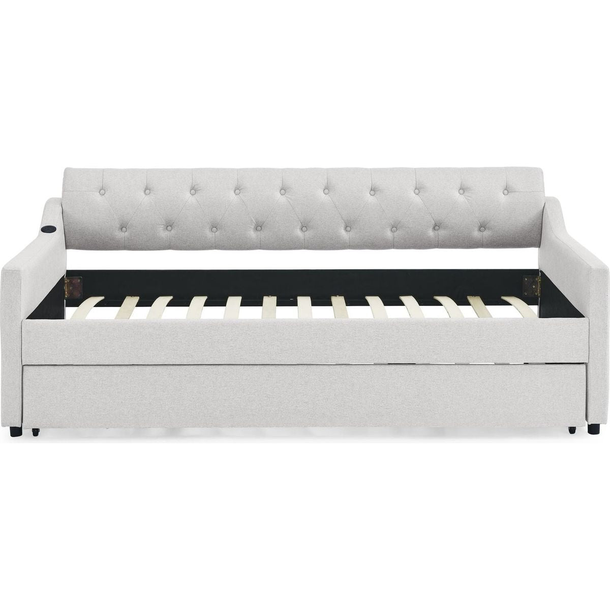 Twin Size Upholstery DayBed with Twin Size Erectable Trundle and USB Charging Design, Linen Beige