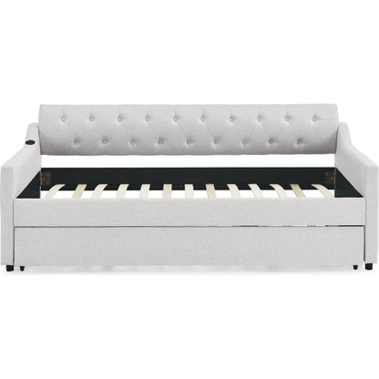 Twin Size Upholstery DayBed with Twin Size Erectable Trundle and USB Charging Design, Linen Beige