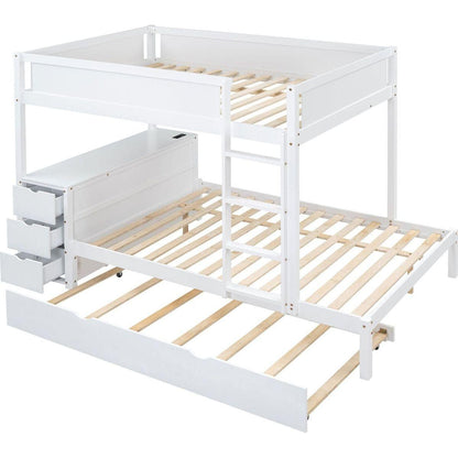 Full-Over-Full Bunk Bed with Twin size Trundle, Storage and Desk, White