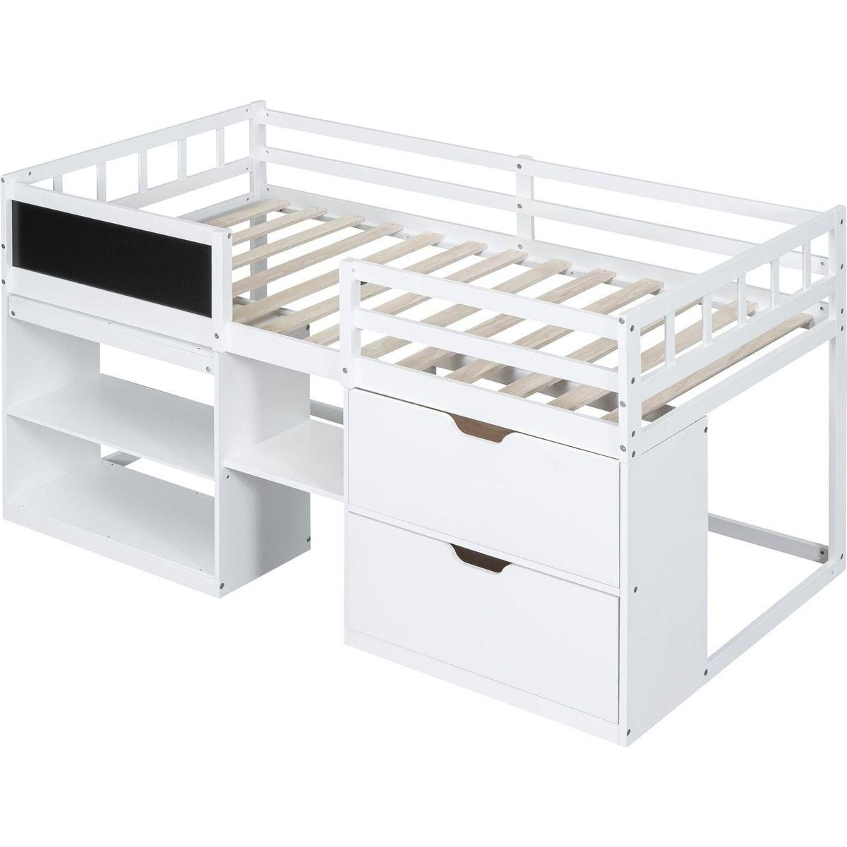 Twin Size Low Loft Bed with Rolling Desk, Shelf and Drawers - White
