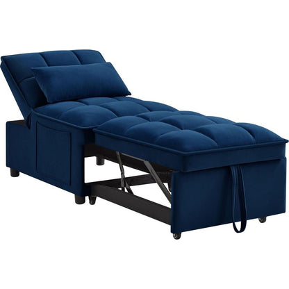 4 in1 Multi-Function Single Sofa Bed with Storage Pockets,Tufted Single Pull-out Sofa Bed with Adjustable Backrest and Pillows, Convertible Chaise Lounge, Navy