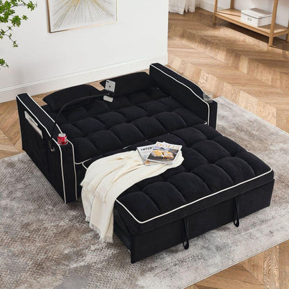 55.51 inch versatile foldable sofa bed in 3 lengths, modern sofa sofa sofa velvet pull-out bed, adjustable back and with USB port and ashtray and swivel phone stand (Black)