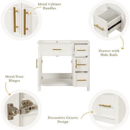 36" Bathroom Vanity with Sink Top, Bathroom Vanity Cabinet with Two Doors and Three Drawers, Solid Wood, MDF Boards, One Package, Off White